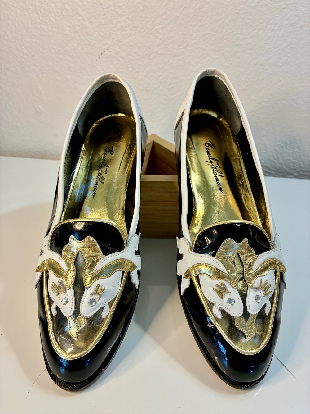 Beverly Feldman Black, White & Gold Leather Koi Fish Loafers 80s Wearable Art